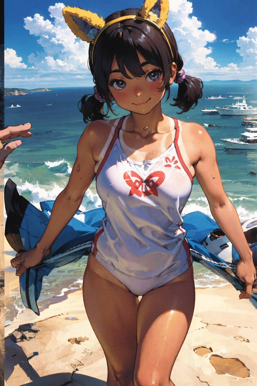 1girl, young girl, (perky breast), ((hard nipple)), slender body, wet body, camel toe, kawaii face, embarrassed face, black hair, blunt bungs, hair ribbon, ponytail, naked , tan line, small breasts, beach, full body, from below, wince, peeing self, nsfw