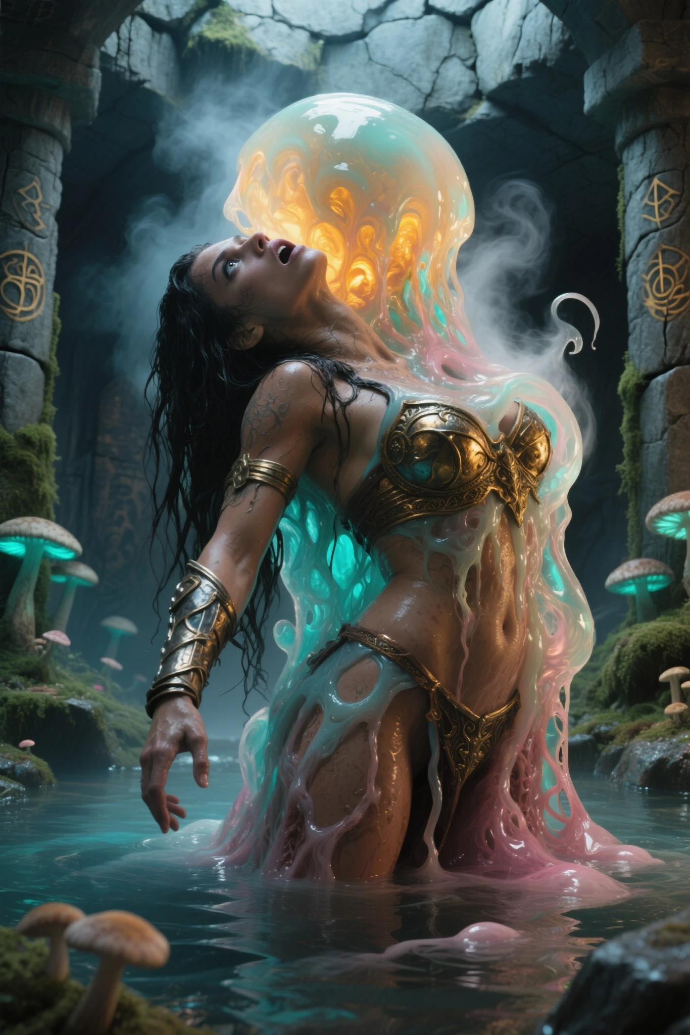 ((masterpiece)), ((8k resolution)), ((a jinn)), strong, (((4k))), ((((highly detailed)))), strong, aura, glow, neon, fire, crystals, tail, sexy, nude, ((wet body)) , ((semen)), ((orgasmic face)), ((drinking semen))