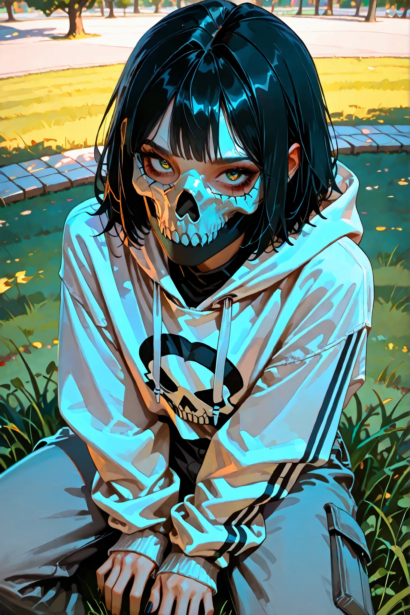 (SuperQuality:1.0) ~ (SuperQuality:1.2), detailxl, girl, Solo, High Resolution, Best Quality, High Details, Super Detailed, park, (simon_riley), ((skull_mask)), white crop hoodie, grey baggy pants, sitting on the grass, short hair, black hair, long nails, black nails, beautiful eyes, ((view from above))