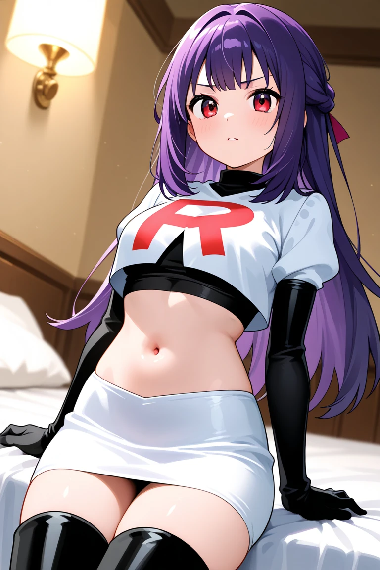 ((masterpiece,best quality)), 1girl, chevreuse, shako cap, eyepatch, blush, team rocket,team rocket uniform,white skirt,red letter R,crop top,black thigh-highs,black elbow gloves
