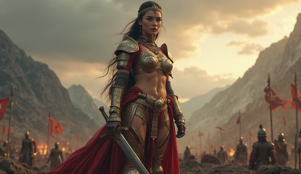 Tall muscled defined woman, detailed armor, red and gold engraved leather Cuirass, intricate designs on the Cuirass, intricate Cuirass engravings, imposing and powerful stance, fierce expression, red wild mane braided hair, dynamic pose, intense battle scene, fantasy setting, vibrant colors, dramatic lighting, epic atmosphere, mythical creatures in the background, magical effects surrounding the sword, attention to anatomy and facial features, iconic use of highlights and shadows, capturing emotion, masterful composition, portraying strong female characters. (best quality, 4k resolution, highres, ultra-detailed, photorealistic:1.37), HDR lighting, studio-quality rendering, professional-quality artwork based on yoshitaka amano work.