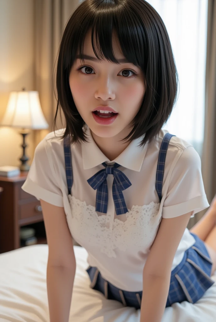 (8K、RAWphotograph、Highest quality、masterpiece:1.2),(Spread your legs wide,Legs wide open),(Long Bob Cut),Looking at the audience,Viewed from the front,strong,erotic,student,See-through bra、白い超透明なSee-through bra、White skin,knees,(Black Pantyhose),Absurd,Small face,前hairを真ん中から分ける、The forehead is visible,(Be embarrassed,strong,skinny,Big Breasts,H Cup、垂れeye)、masterpiece,Highest quality、Ultra-high resolution,Raw Panties,only,Kiss Face,A kiss is coming,One person, One personで,whole body、cute、Return to student,JK Uniform,high school girl,Japanese women,Are standing,(Photorealistic:1.37)、Photon Mapping,Realistic、cuteSmall face,茶色のeye、Black socks、(Red bow tie)、Radio City、物理ベースのonlyダリング、Qianfang、Depth of written border、Blurred Background、photograph,Girls、body,Beautiful legs, Long legs, Thin legs,Tie your hair into one strand on your chest,(前hairが見える), hair, lips, green_eye, Soft nose,(Light blue shirt), (navy, Blue and white checked pleated skirt), kneesが見える,Light clothing,, thigh, black cotton socks,Nogizaka idol, actress, Japanese ID、Big and ample breasts、Cleavage、Unbutton your shirt and take a peek at your chest、(The detailed shape of the female genitals is clearly visible: 1.4), Masturbation Girl,whole bodyphotograph、Lift your skirt yourself、Super quality、The genitals are wet、In a hotel bed、Dimly lit room、Black kneese-high stockings、Black kneese-high socks