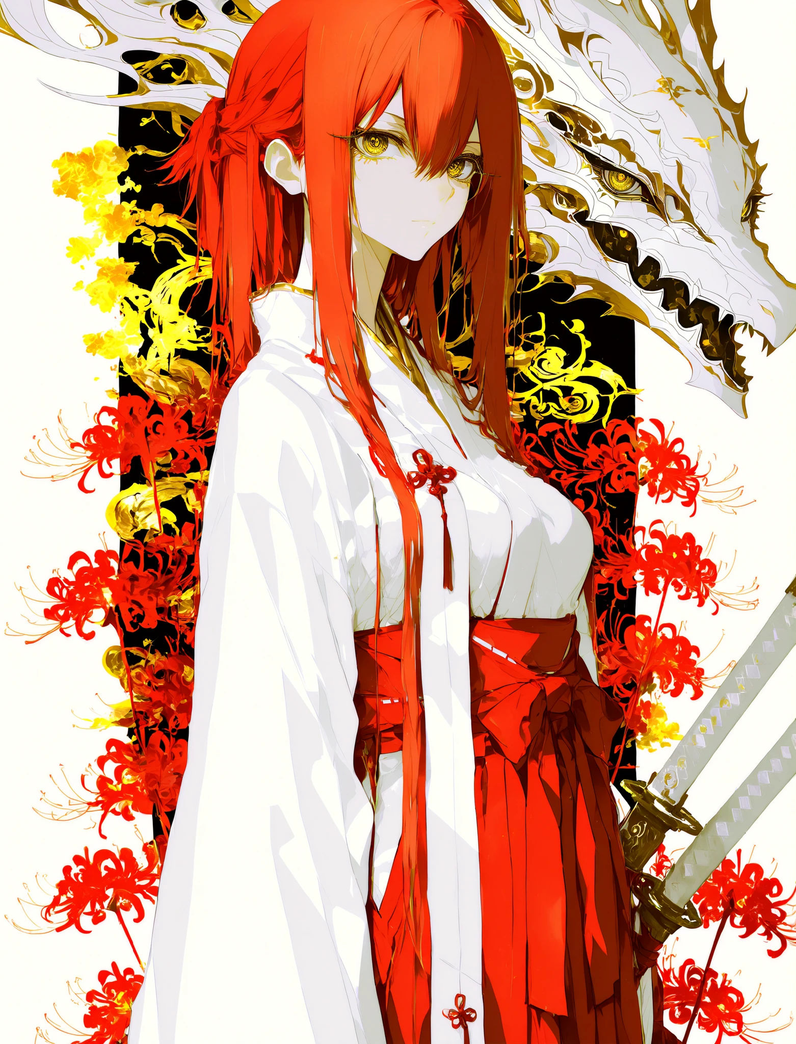 , ((anime coloring:1.5)) , ,
, 1 girl , golden eyes , very long hair , long sidelocks, red hair ,half updo, petite , very cute , beautiful ,Straight hair, cool, handsome, hair between eyes, sexy, medium breasts , white theme, (golden eyes:2.0), detailed mechanical parts visiblem, flower design silver trim on mechanical parts, wearing (kimono), Japanese kimono, ((miko)), red hakama, kanzashi, long hair, (katana), Japanese samurai blade, red spider lily, skul dragon, r17329_illu,monochrome, greyscale