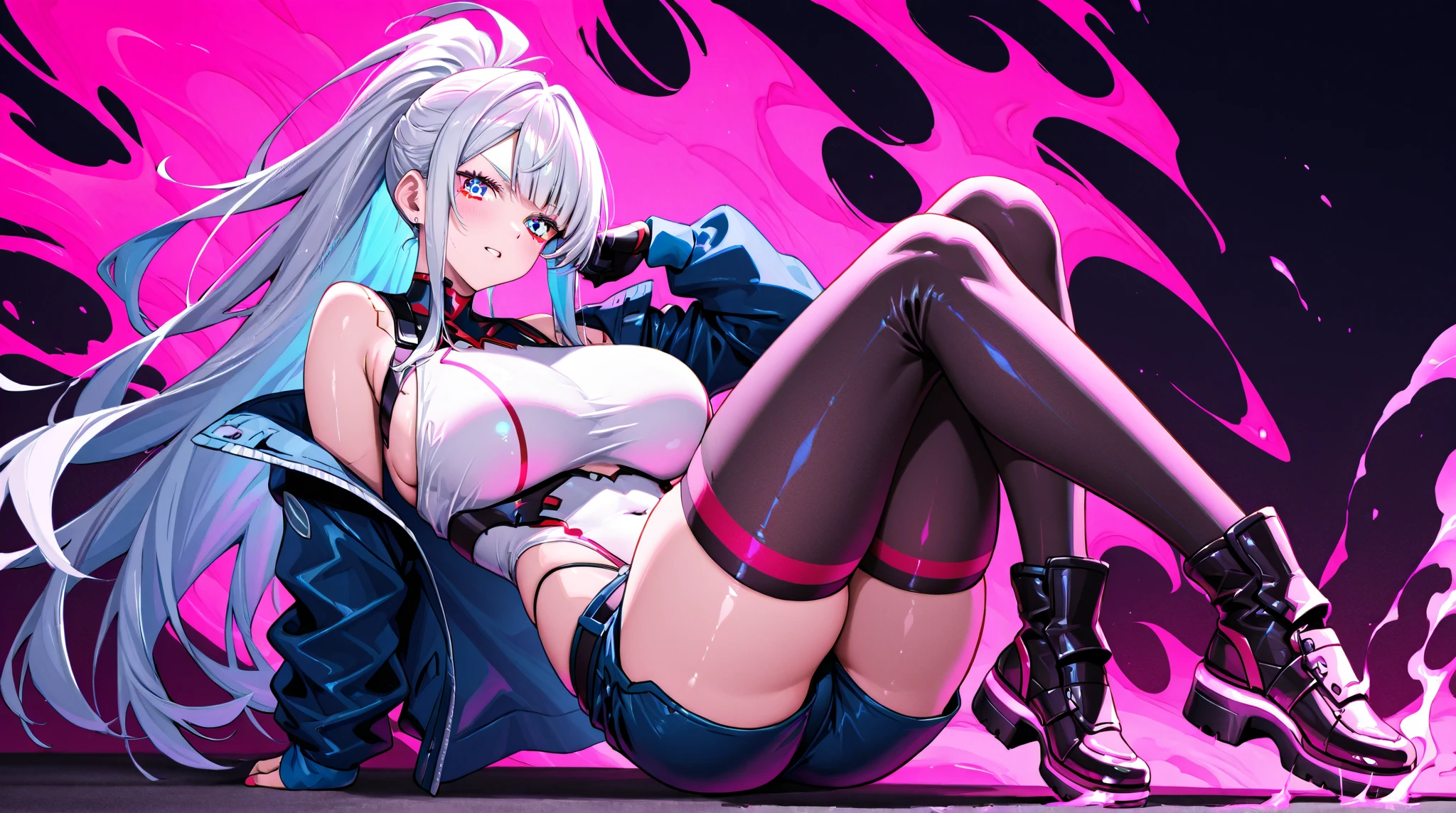 Tall body
Small
Silver nipple White hair in a high ponytail
Sky blue hair ribbon
Black choker
Heterochromia Metallic purple left eye crimson red right eye
Black fingerless elbow gloves
Fishnet bra
Black bicycle shorts
Black leather ankle boots
Red sleeveless trench coat
I figured she'd be a tomboy type girl