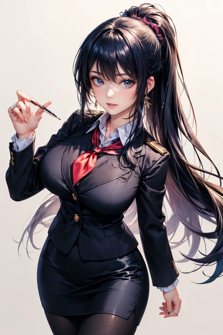 ((Best Quality)), ((masutepiece)), (Detailed), (highlight), Perfect face Young girl with detailed face showing cleavage、Red eyes and long, thick, glossy, beautiful black hair with blunt bangs、Single-color background、Standing wearing school uniform with blazer and miniskirt、