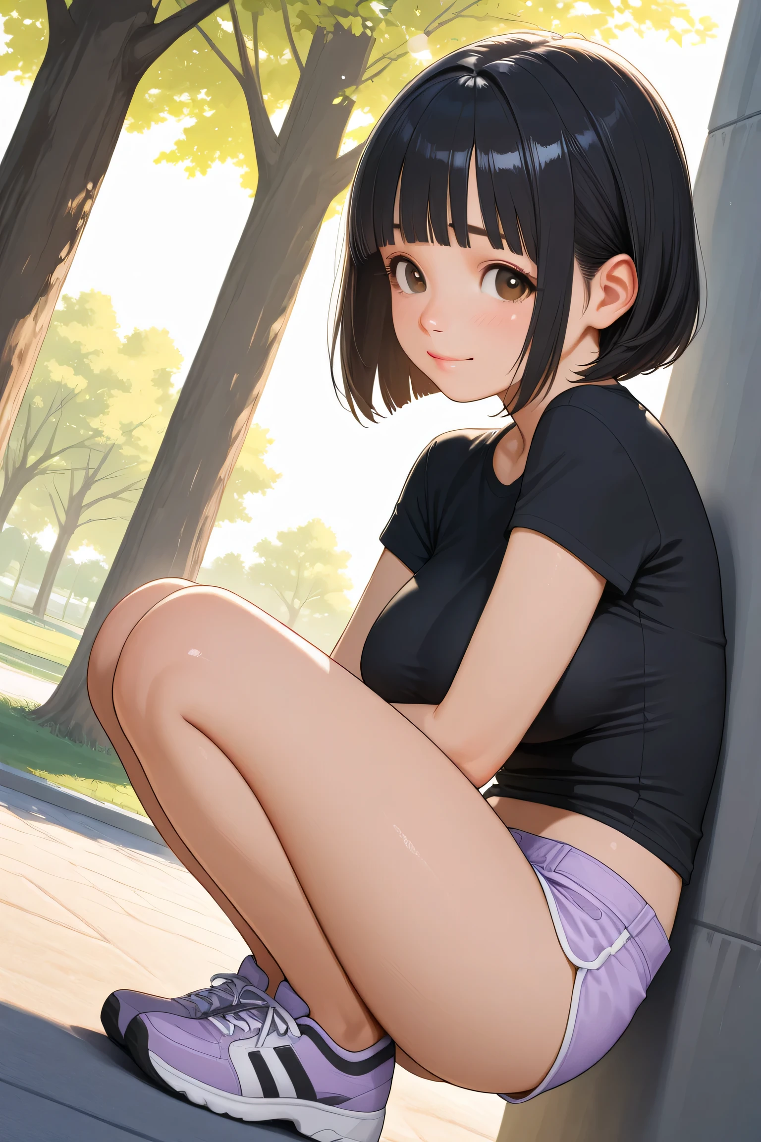 1girl, 20 yo, colorful Underwear, man t-shirt, Squatting, knees together, beautiful garden, กระโปรง เปิด มองเห็นกางเกงใน, กางเกงในสีขาว, กางเกงในรัดรูป, camel toe,