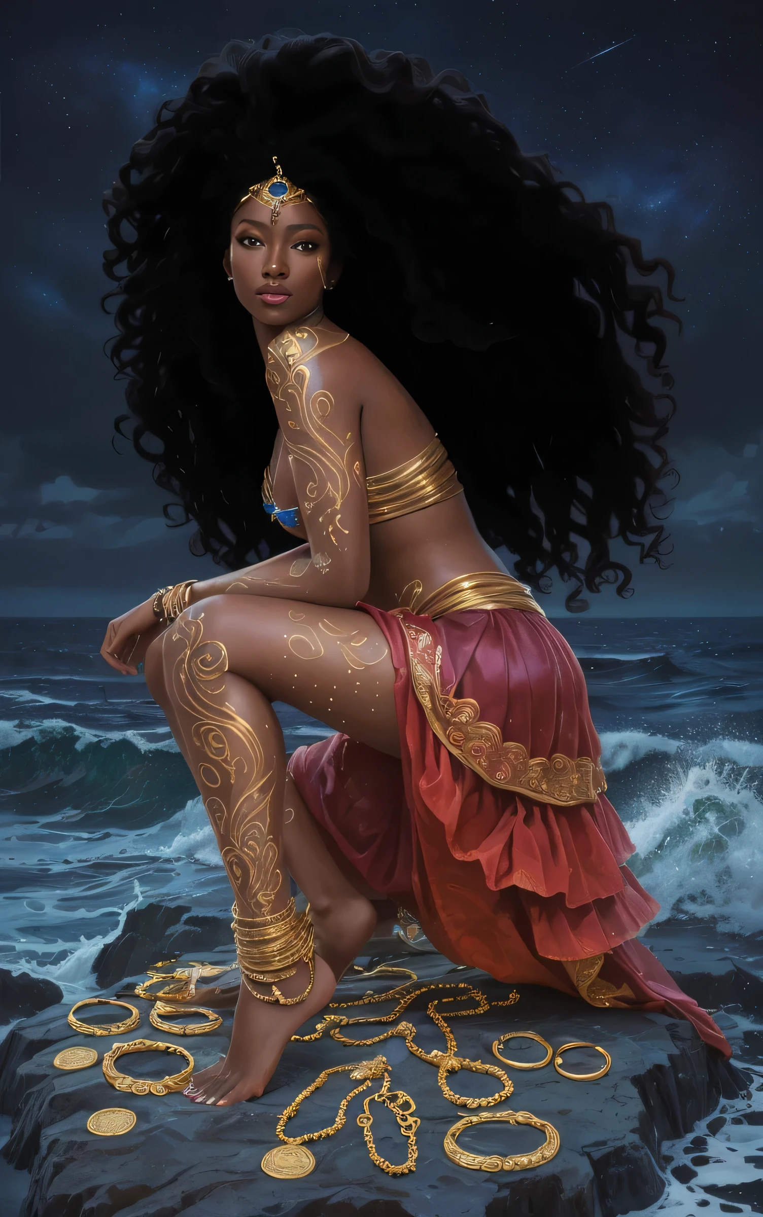 The Birth of venus, 1girl,
Afro-textured hair, african goddess, sparkling eyes, heterochromia eyes, dark skin, (Pierre-Auguste Renoir:1.1), (filigree), nude,(super long hair:1.75), ocean, wavy hair, curly hair, flowers,(sandro botticelli:1.2),
huge scallop, standing in sea water,
sunset, back light, strong rim light, (solo:1.4),
(raw photo:1.2), (photorealistic:1.4),nsfw, best quality, masterpiece, illustration, an extremely delicate and beautiful, extremely detailed ,CG ,unity ,8k wallpaper, Amazing, finely detail, masterpiece,best quality,official art, extremely detailed CG unity 8k wallpaper, absurdres, incredibly absurdres, huge filesize, ultra-detailed, highres, extremely detailed,