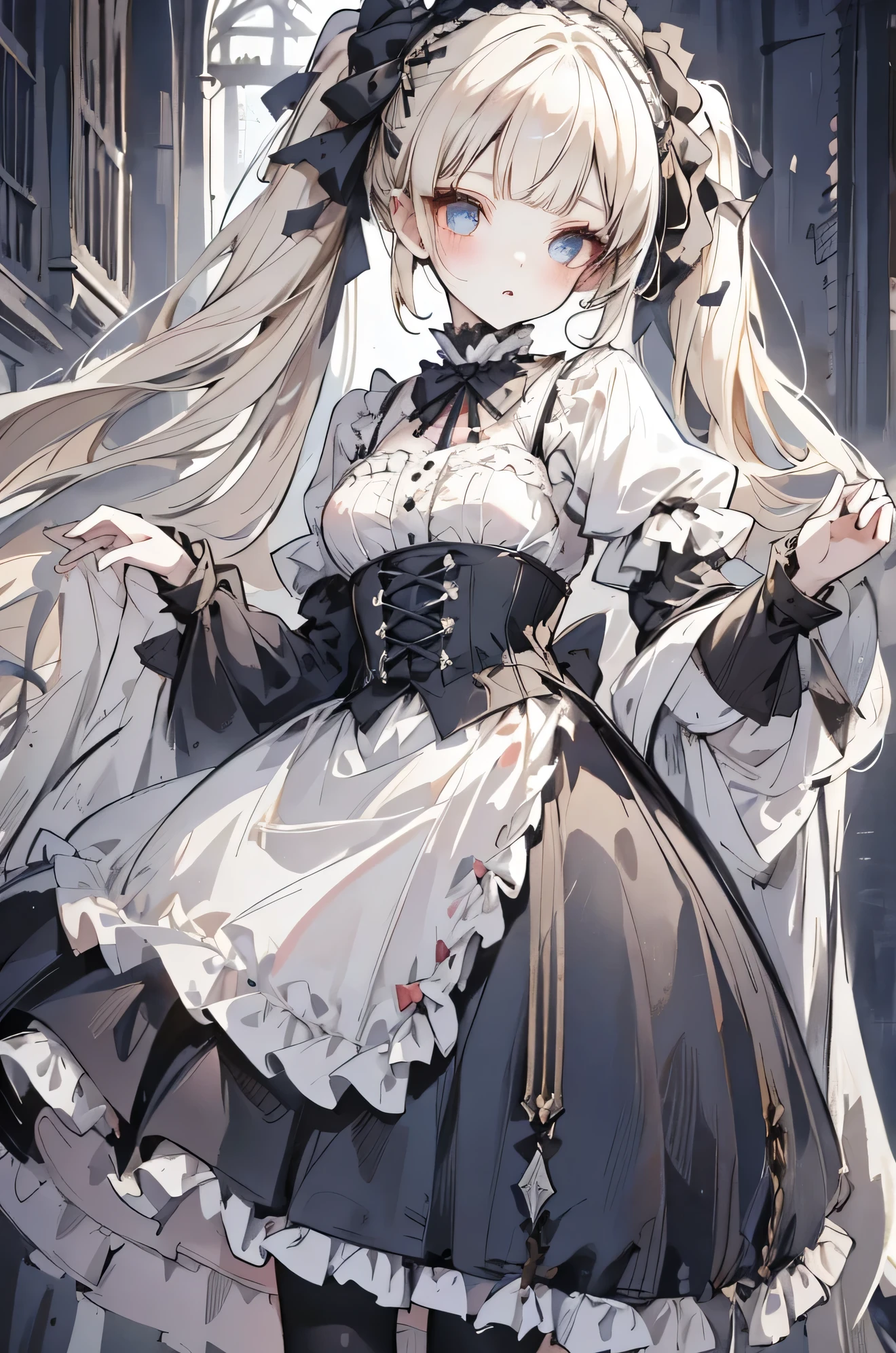 gothic, platinum blonde hair, twin tails, Beautiful Eyes, Cute girls, ribbon on head, She is wearing a cute dress with ruffles and bows, [knee-high socks], [standing], nice, Realistic, 最high quality, high detail, high quality, masterpiece