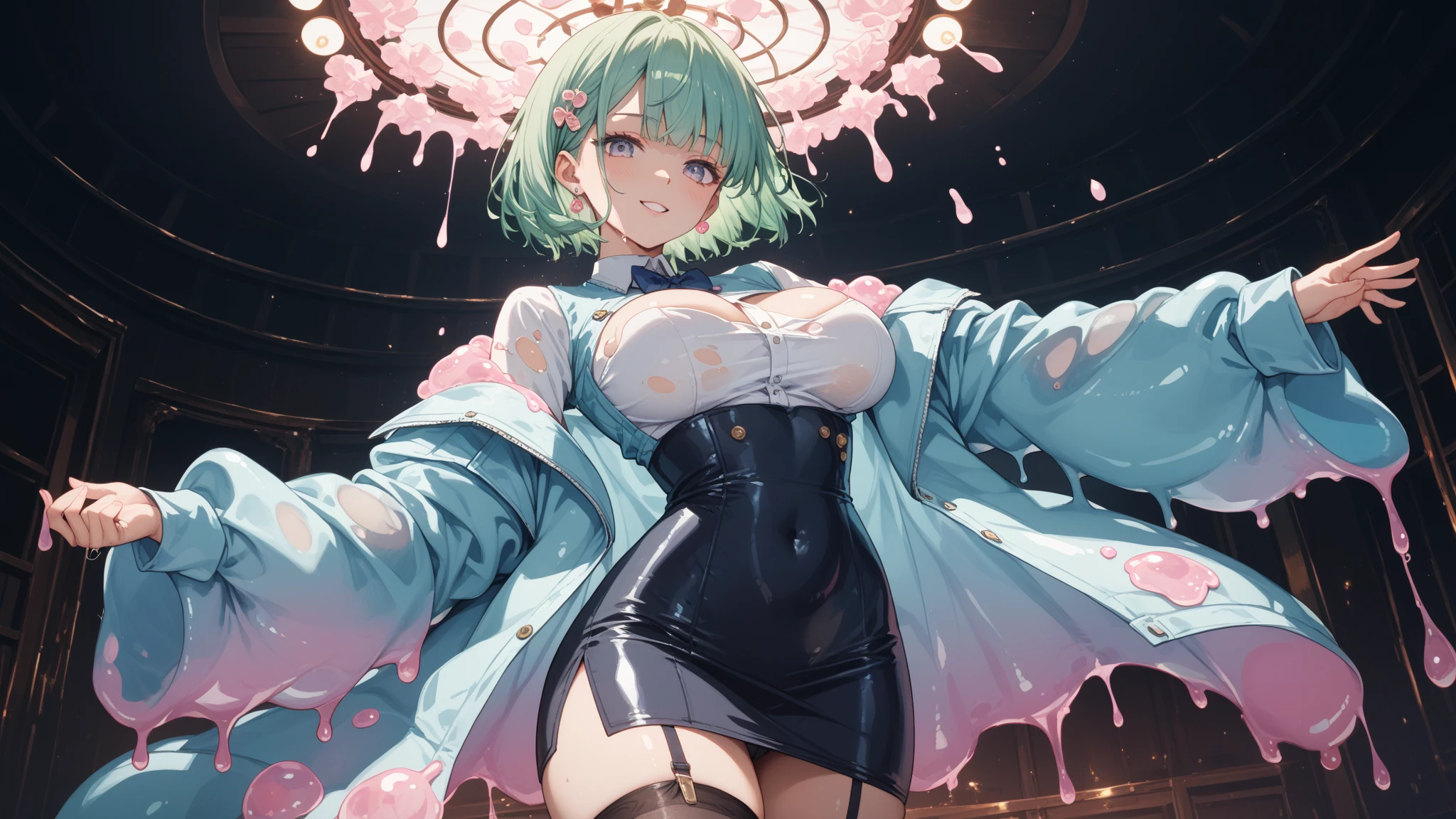 1 girl,mole under eye, heart shaped choker, (masterpiece, highest quality), official art, beautiful and aesthetic: 1.2), (1 girl), very detailed, (geometry art: 1.3), colorful、green bob hair、 whole body、black jumper、pink mini skirt、knee high boots