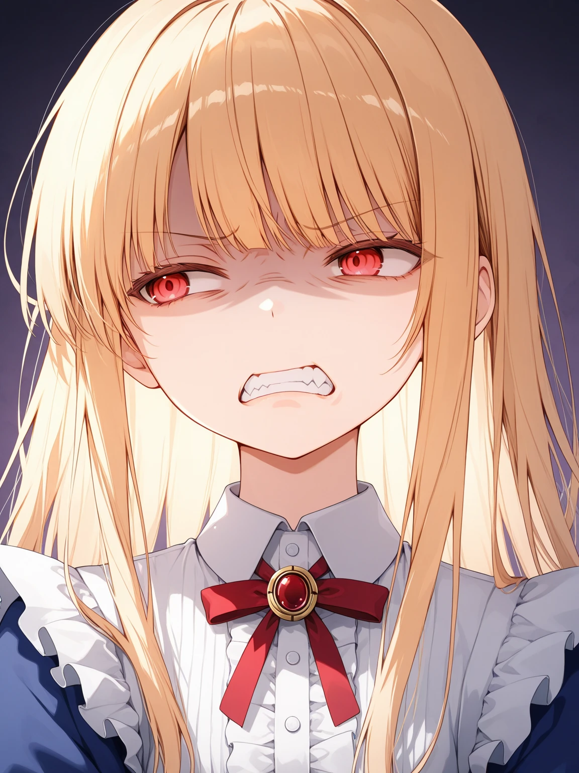 (best quality), (masterpiece), (solo), 1girl, power_csm, blonde hair, yellow eyes, cross-shaped pupils, symbol-shaped pupils, red horns, white buttoned shirt, blue jacket, black necktie, ((((evil, blood, sadistic))))