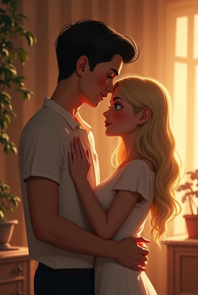 create an image in Disney Pixar cartoon style of a couple in love in a cabin in the middle of the jungle with rain on the bed, he looking straight into her eyes, admiring her and caressing her, he has dark hair with a mohawk style and green eyes with a white shirt,She's blonde, green eyes, black glasses and pink baby doll