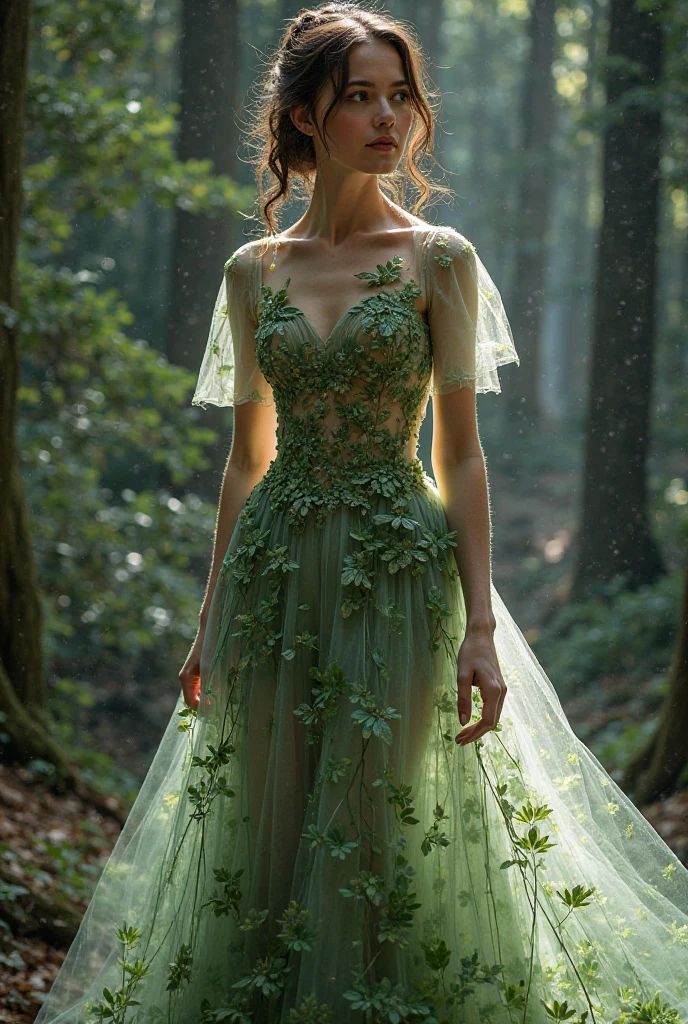 Summer Deforestation: In summer, deforestation forest fund, create a model posing with clothes of this theme light green color delicate dress full body clothing h&m