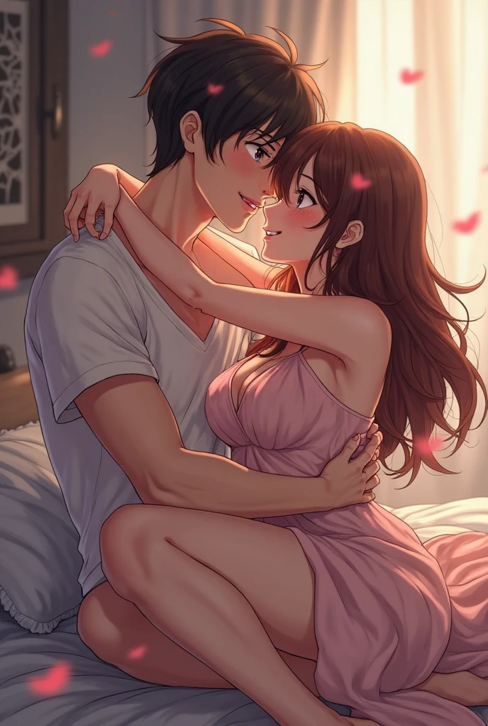 Create a anime style landscape image. Anime-style illustration featuring two characters spending in a close embrace moment. The male character has short, tousled black hair and light skin, with a lean, muscular build, and is shirtless. The female character has long, wavy brown hair, large blue eyes, and light skin, wearing a loose, oversized white shirt that slips off one shoulder. They are seated on a bed with a soft, light-colored background, and a window with blue curtains is visible in the background, allowing natural light to filter into the room. The overall mood of the image is intimate and tender.