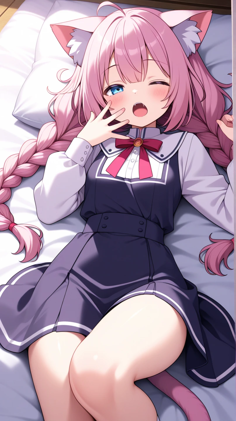 score_9, score_8_up, score_7_up, score_6_up, score_5_up, score_4_up, source_anime, 1girl, to call to yourself, bed, she was lying down, pink hair, long hair, red eyes, shackles,putting arms, smile, messy hair, white shirt, bracelets, skirts, black thigh high boots, heels, room, night, windows, best quality, best res, 4K UHD,