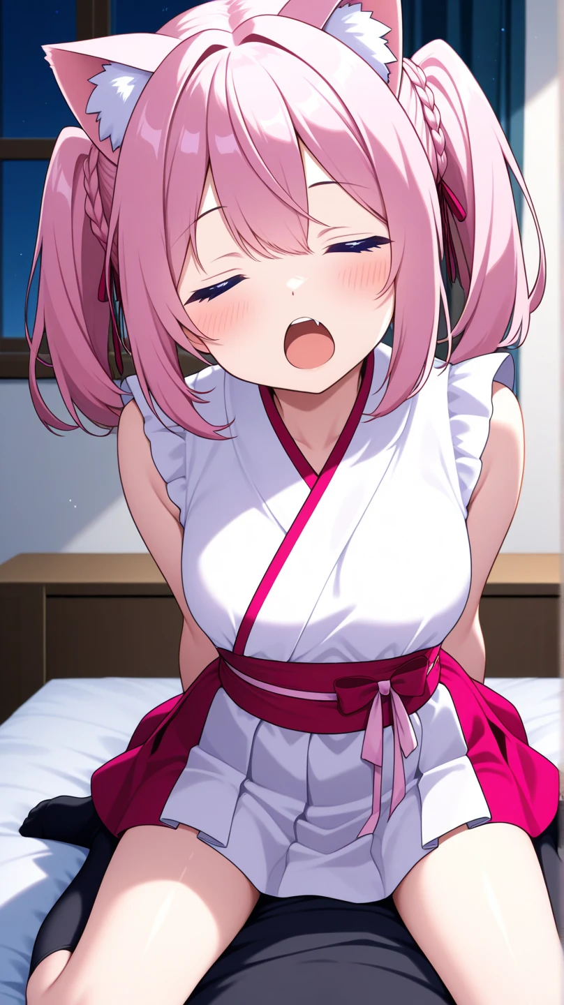 (best quality, masterpiece:1.2), ultra detailed, extremely detailed eyes and face, natural skin texture, detailed skin, natural lighting,
chibi, 1 girl, 14-year-old, early teens, (cute),
twintails, pink hair, shiny hair,
small breasts,
BREAK yukata,
BREAK (orgasm face, closed eyes, aroused, open mouth, gasp, blush cheeks, saliva trail:1.2),
BREAK (vaginal penis:1.2), (a man), hetero, (girl sit astride on man), (girl on top), (girl spread legs), (intense Sex:1.7), (cum out:1.2),
bedroom, bed, from below,