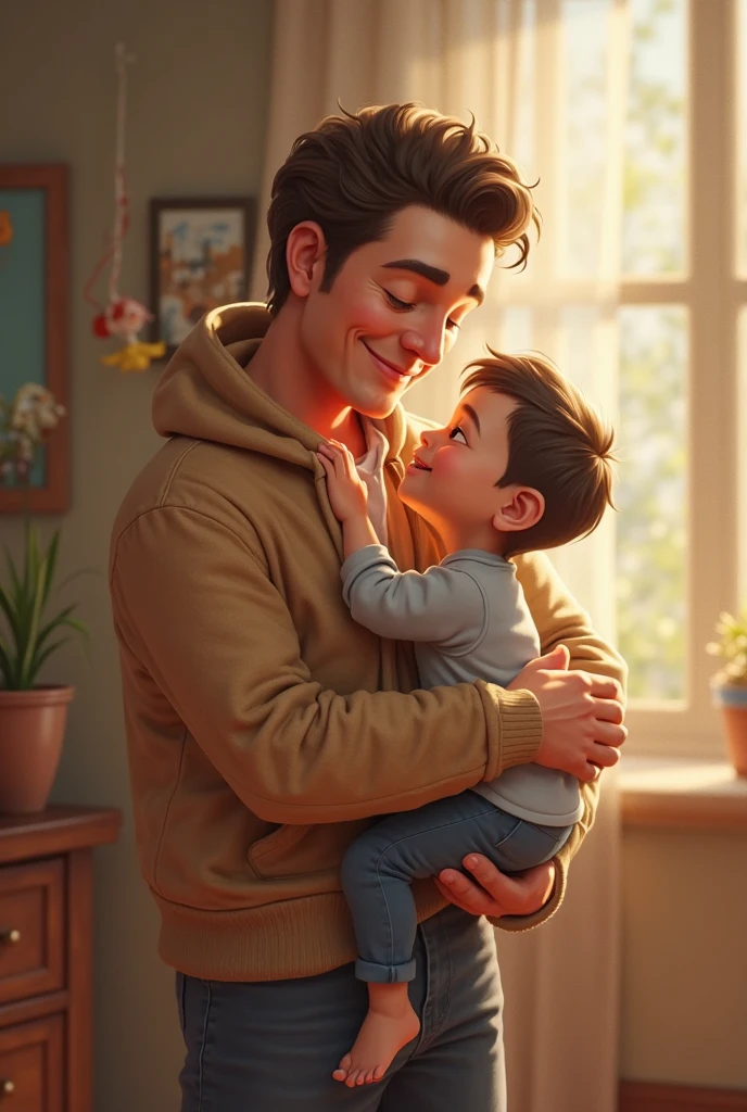 create an image in which one boy of age22 name write on his shirt is Zeeshan love with a baby of age 1 year whose name is Khizer Ali write on his shirt