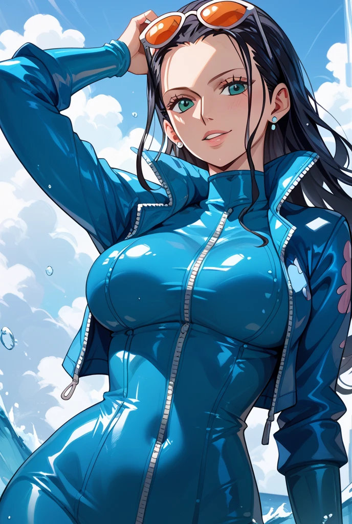 ((best quality)), ((masterpiece)), (detailed), perfect face, blue top, crop top, blue fitted dolphin shorts, huge breasts, huge ass , green hair, pony tail
