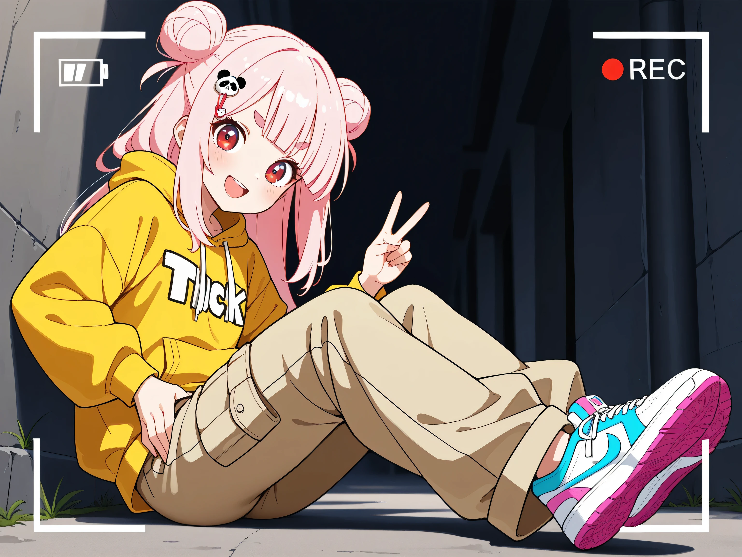 masterpiece, best quality, high resolution,4K, highly detailed, ultra detailed, ((detailed beautiful eyes)), full body, Alone, 1 girl, light pink hair, small double bun hair, half twin hair, long hair, hime cut, thin oval eyebrows, Red Eyes, ((bangs Panda face hairpin)), Beige cargo pants, Colorful sneakers, Oversized sweattops, Place your right hand on your waist, The left hand is facing this direction and is a V sign, smile, Open mouth, Camera perspective