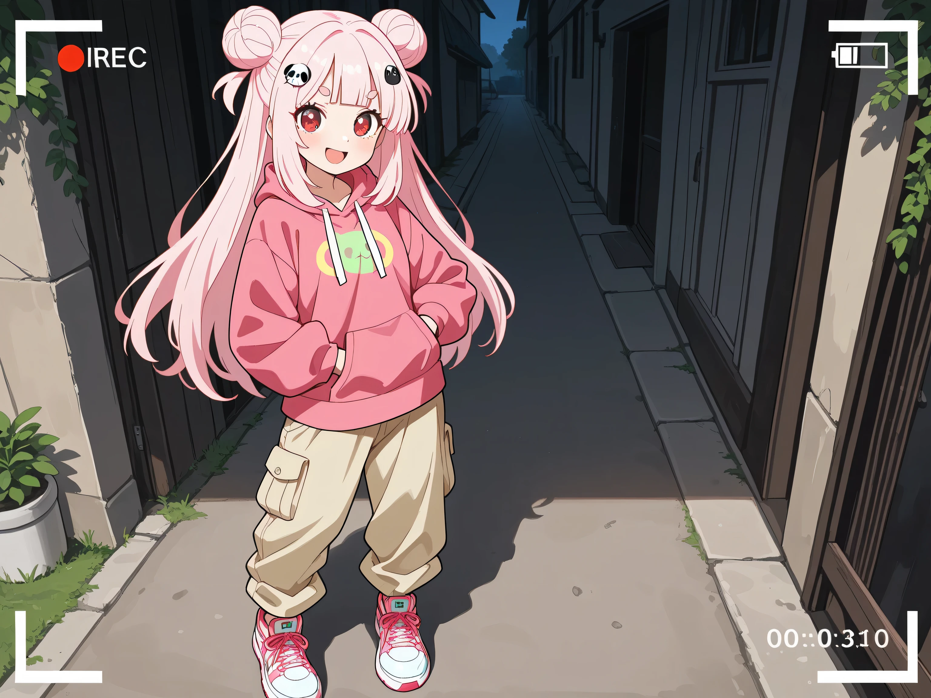 masterpiece, best quality, high resolution,4K, highly detailed, ultra detailed, ((detailed beautiful eyes)), full body, Alone, 1 girl, light pink hair, small double bun hair, half twin hair, long hair, hime cut, thin oval eyebrows, Red Eyes, ((bangs Panda face hairpin)), Beige cargo pants, Colorful sneakers, Oversized sweattops, Place your right hand on your waist, The left hand is facing this direction and is a V sign, smile, Open mouth, Camera perspective
