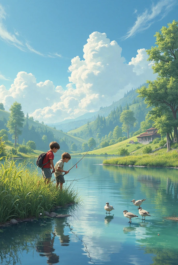 Two sleepy male teenagers fishing, each has a fishing rod, they are on the edge of a stream and are lying down.