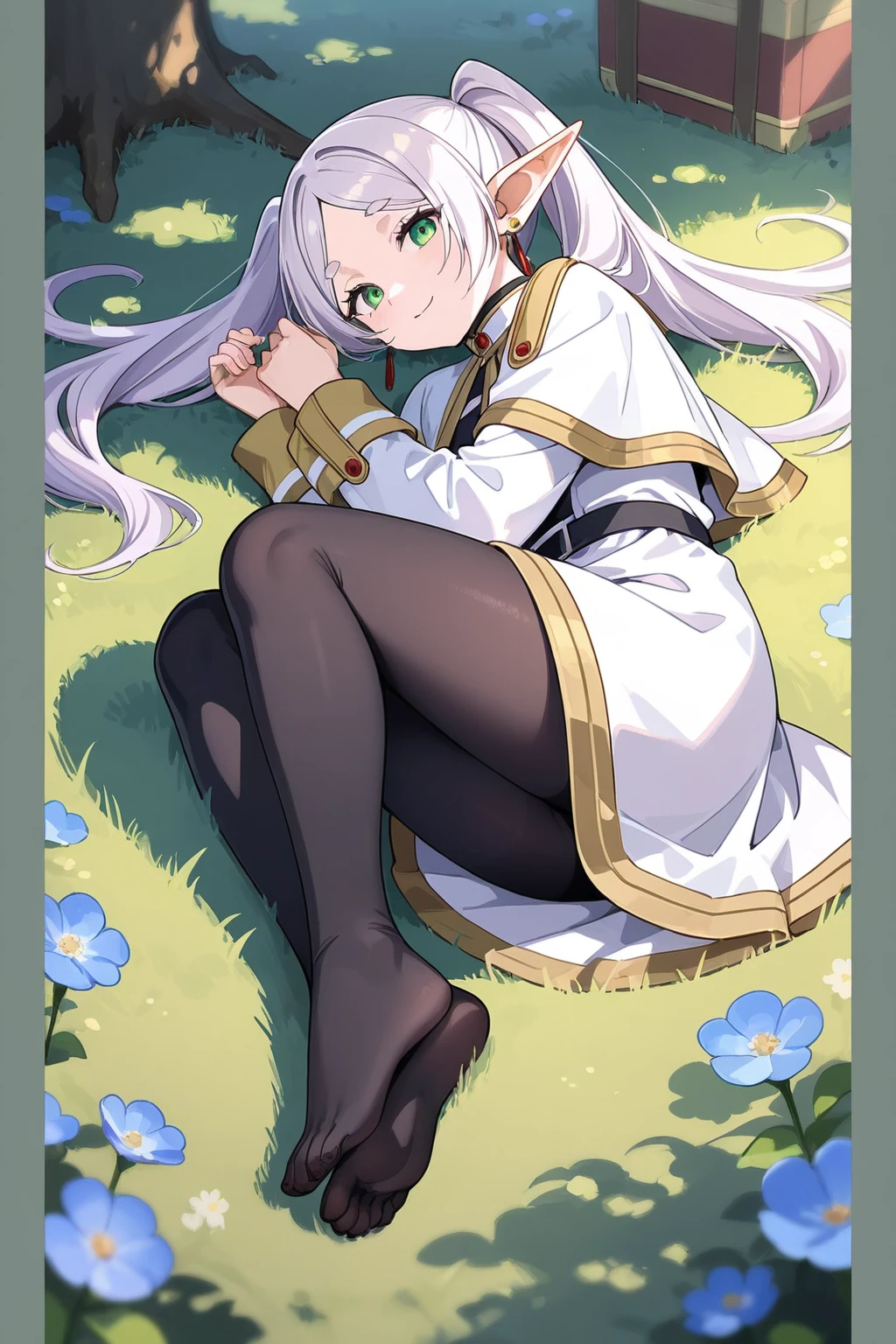 masterpiece, best quality,
1 Girl, freeze, Green Eyes, Gray hair, Double tail, Thick eyebrows, Pointed ears, White shawl, Black pantyhose, earrings, White skirt, Smile, barefoot, Stamp your feet, Sole, toe, shorten, Smile,
Watch from below, outdoor, Blue sky, Park Background   