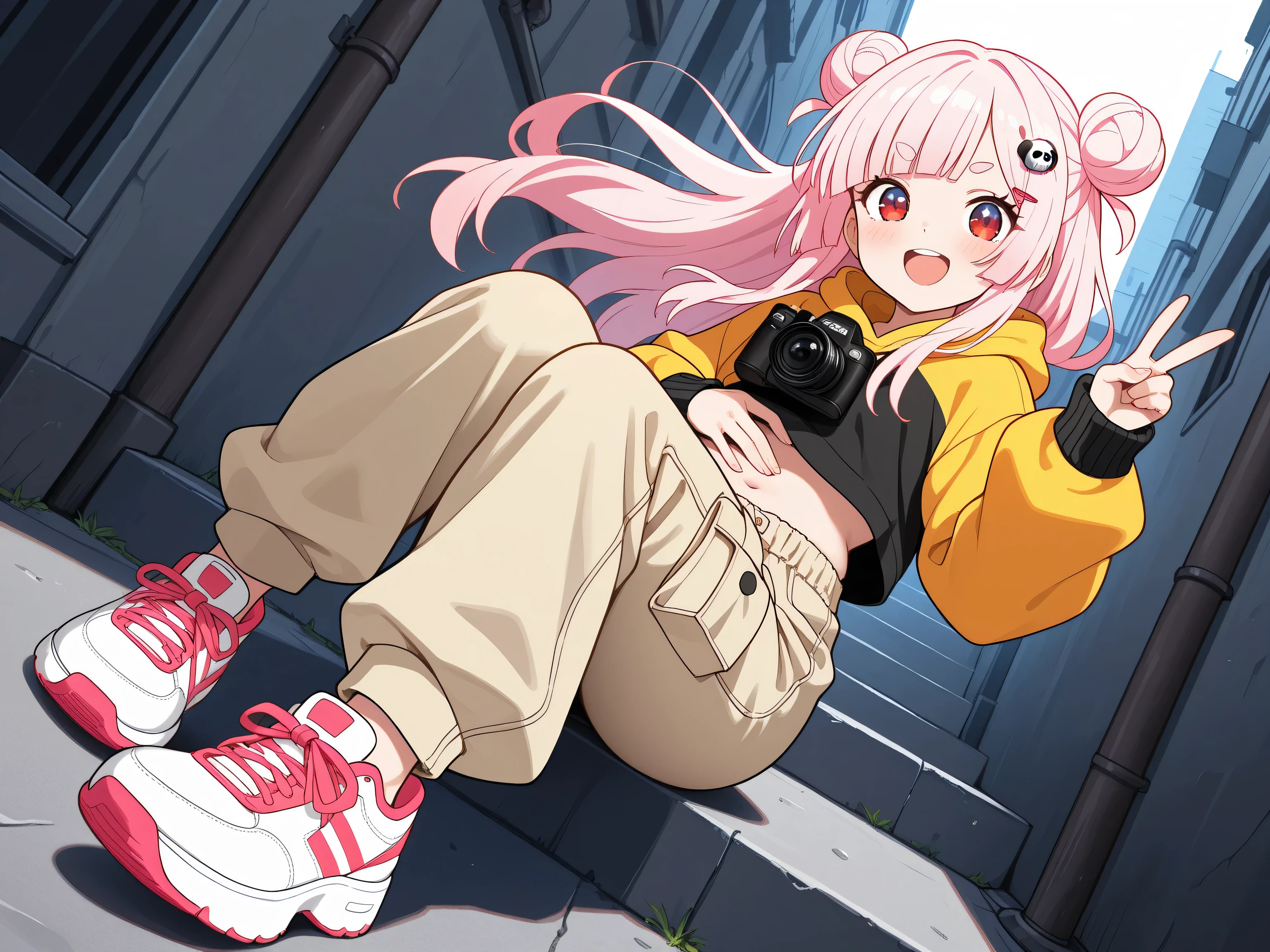 masterpiece, best quality, high resolution,4K, highly detailed, ultra detailed, ((detailed beautiful eyes)), full body, Alone, 1 girl, light pink hair, small double bun hair, half twin hair, long hair, hime cut, thin oval eyebrows, Red Eyes, ((bangs Panda face hairpin)), Beige cargo pants, Colorful sneakers, Oversized sweattops, Place your right hand on your waist, The left hand is facing this direction and is a V sign, smile, Open mouth, Camera perspective