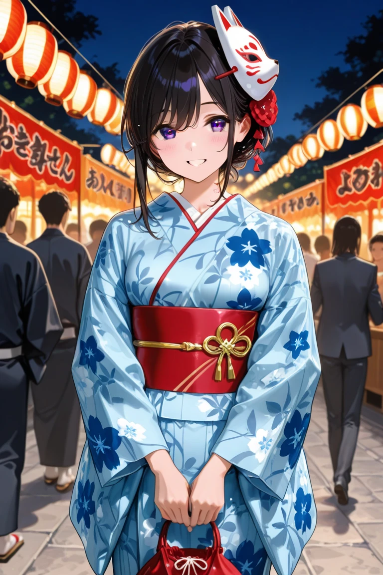 (a masterpiece of、beste-Qualit:1.2)、ultra hyper-detailed、lighting like a movie、(((Beautiful woman going out to summer festival)))、fair、A smile、woman wearing the kimono, bath robe, classy yukata clothing, Wearing a colorful yukata, in a kimono, Wearing a kimono, japanese kimono, in a kimono, Komono, wearing a haori, Dark blue yukata with morning glory pattern, A Japanese style, Wearing kimono,paper lanterns、Store、Crowds、
