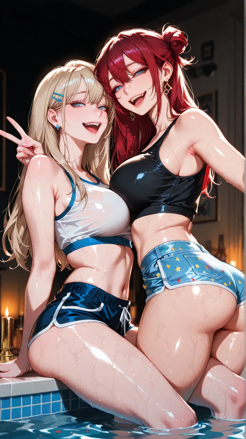 draw Cassye Sandler in Full HD quality, 4K, a female character in anime style. orange hair. at lung height, orange eyebrows, blue eyes. facial expression of orgasm, small firm and perky breasts, thin waist, large and pert ass, thick shapely thighs. She is wearing red lipstick on her lips. big red nails. is licking the ass of a very hot gray-haired woman with in the massage room. the two women are completely naked performing a Greek kiss in the position on all fours.