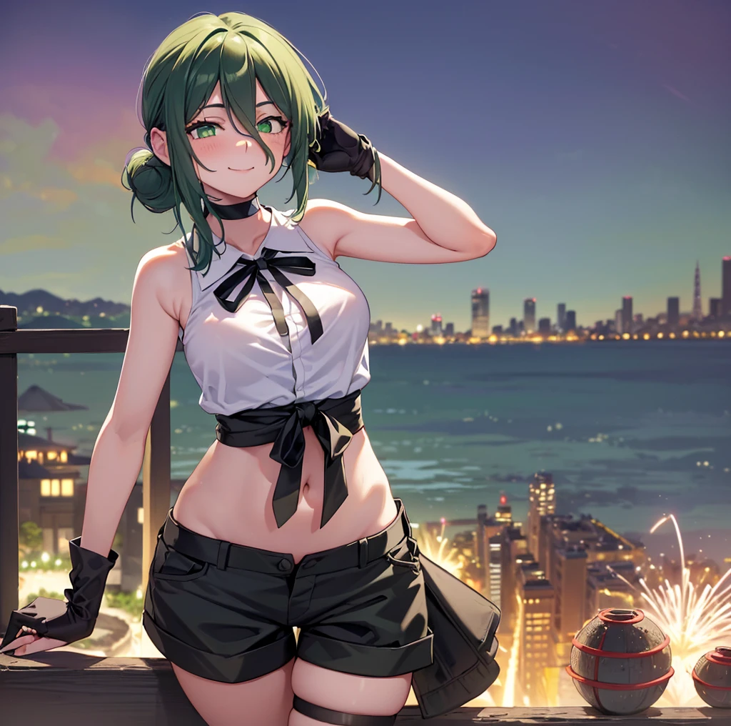 ((1girl)),((alone)),sinon asada, (sword art online),(masterpiece), (best quality), (ultra detailed), (best illustration), (best shadow), (absurdities), sharp focus, cowboy shot, atmospheric perspective, depth of field, dynamic posture looking at viewer, medium breasts, narrow waist, wide hips, wide thighs, round butt, erotic, romantic, (very detailed eyes, 1.1 lips), very detailed, eyes, Very detailed face, Very beautiful face, Symmetrical face, Aesthetic face, perfect face, perfect eyes, detailed eyelashes: 1.5), full height, beautiful slim figure, femininity, expressive appearance, elastic medium breasts, sexuality, half-open lips , short hair, pale blue hair, indigo eyes, hair ornament, hair clip, ((green camisole:1.5)), ((tight camisole)),((neckline:1.2)), ((black shorts: 1.4)), ((short shorts:1.2)), ((tight shorts)),((bare arms)),((bare legs)),((black heels)) ,curves, defined body,Perfect and beautiful body, perfect and beautiful, closed mouth, serious expression, frowning face, (sexy pose: 1.2), ((solo)), standing: 1.3,((outdoor, cityscape, streets, city,night,city lights)),looking back,from behind,((focus on butt)), point of view:(from below), perfect anatomy, perfect hands