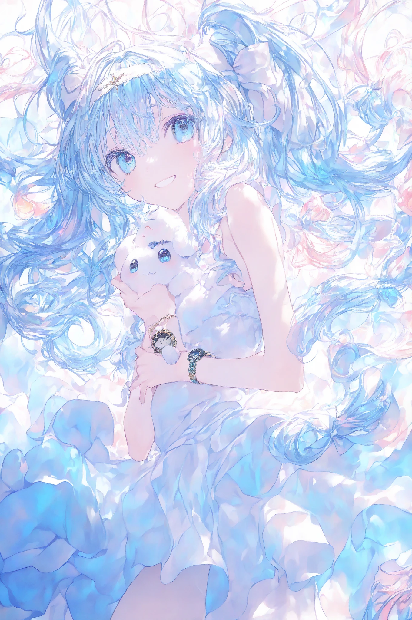 she has a white body, neck, a pair of white arms and legs, a white round head, two whiskers, and a fluffy rounded tail. She has pale pink eye shadow on the upper eyelids, eyelashes, and blue eyes. She has long white ears with rounded tips with baby blue inner ears. She also has two top front teeth with a gap in between them. SPARKLE; GLITTER;