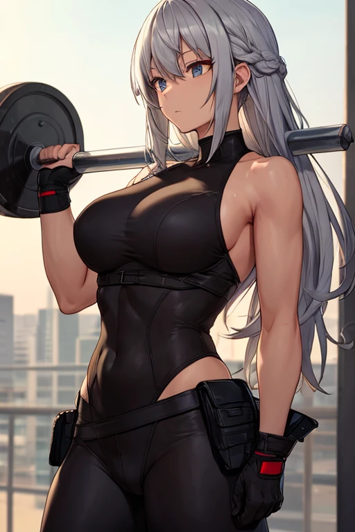 grey hair grey eyes cowboy shot (muscular) curvy contempt expression solo gym clothes (1 girl)