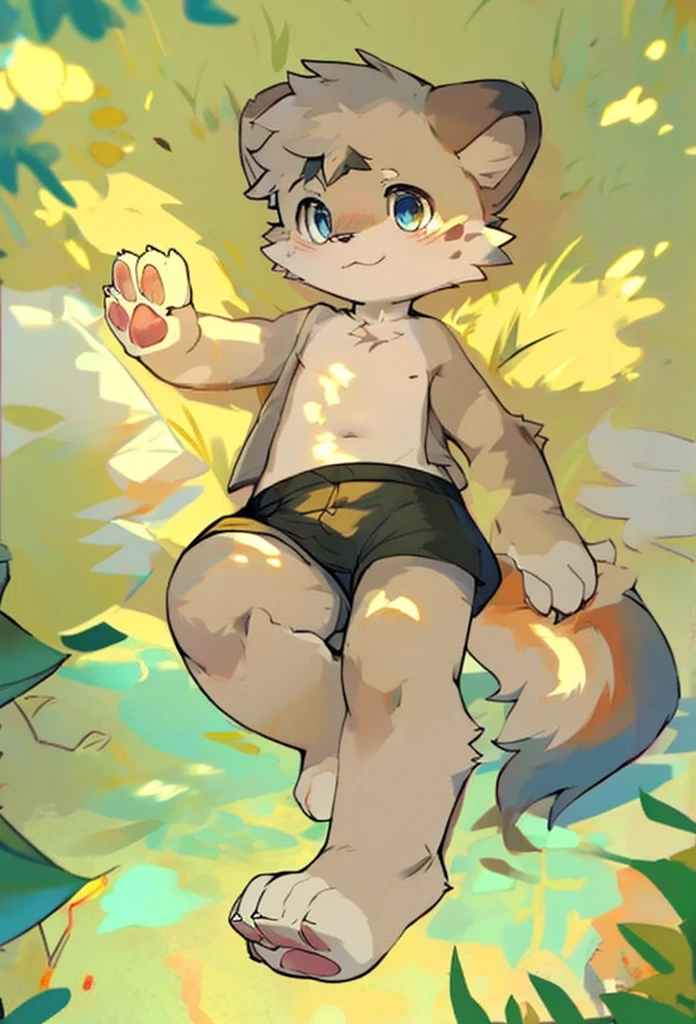 masterpiece, best quality, Perfect anatomical structure, Bright Eyes, Big watery eyes, From milkytiger1145, author：K0BIT0WANI, Solitary, Wolf ，Big Tail, Delicate face, Detailed body, whole body, 5 fingers, Detailed hands, Green Eyes, Delicate eyes, Raise your eyebrows, short hair, Brown fur, 2 arms,Upturned butt ,blush，  男士underwear, underwear,，Toddler，((Boy，shota))，boy，Pino Deheny, Carney announced, milkytiger1145,