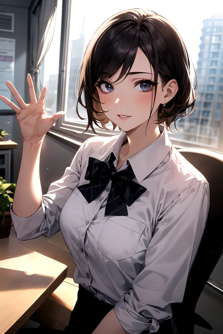 tmasterpiece,best qualtiy,ultra - detailed,illustratio,epic lighting,cinematic compositions,isometry,1girll,独奏,adolable,with brown eye,Black color hair,sweeping bangs,single hair,red hair clips,blouse with a white collar,black necktie,Black pantsuit,formal,captivating posture,inside in room,Open the door,Roll your eyes upwards,Open your mouth,Stick out your tongue,Shedding tears,Two-handed Biye,sitting on his knees on the bed,peeking out upper body,Be red in the face,seduct smile,(8K:1.1),