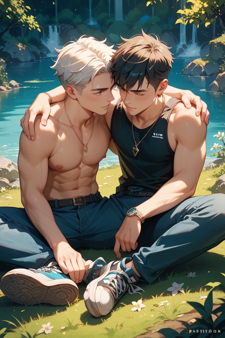 Two boys,lake water,Raised sexy