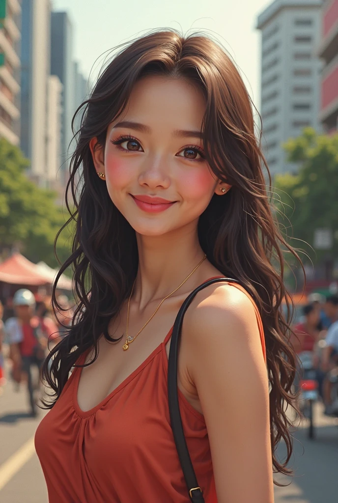 ((Best quality, 8k, Masterpiece :1.3)), 1girl, smiling, full body, slim face, Pretty woman, (Dark brown hair), full length dress :1.1, Ultra-detailed face, Detailed eyes, Double eyelid, blur background, slim face, city, outside, street,
