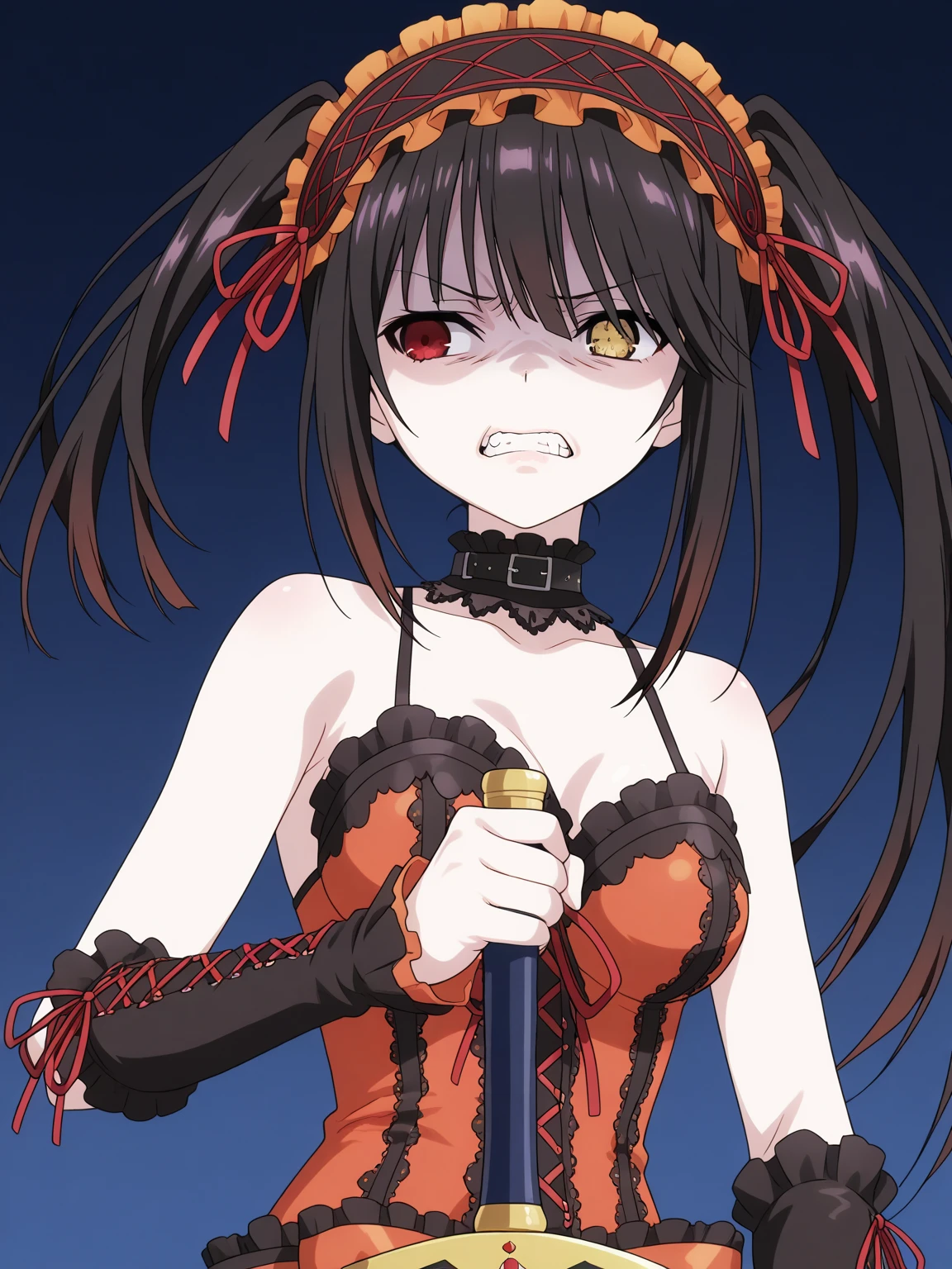 masterpiece, best quality 1boy, solo, trap, beautiful boy, bangs, black hair, very long hair, hime cut, blue eyes, deep blush, grin, black dog collar, black playboy bunny outfit, cowboyshot, looking at viewer, strip club background