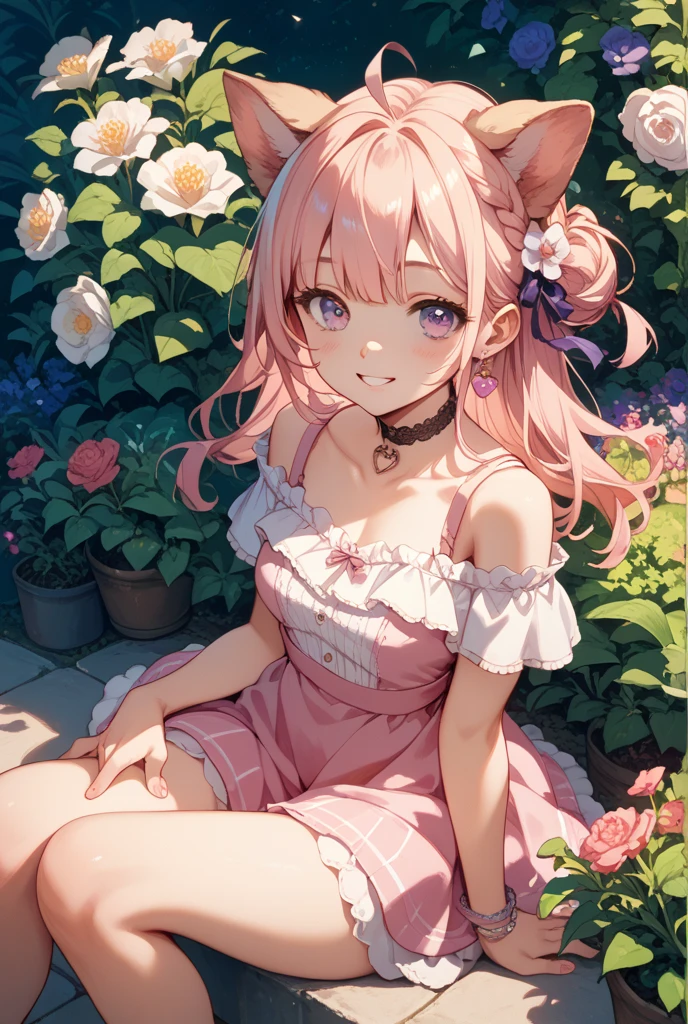 Make an image of a beautiful and pretty girl playing with a pink flower 