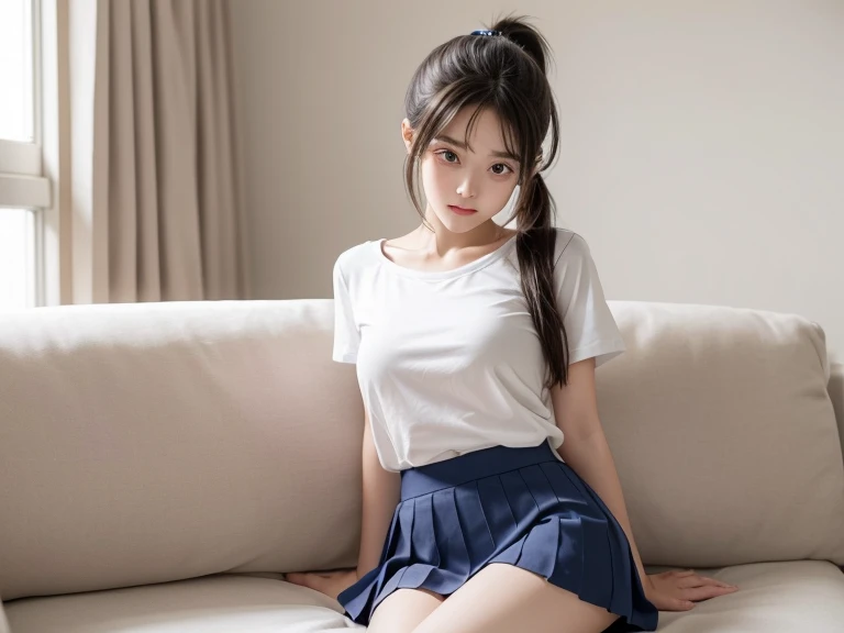 White drape, silky and soft white shirt open,Wearing a black sports short-sleeved shirt,Black shorts,Black knee pads,Black socks,Supermodel in black stilettos,Posing for photos,Mixed Chinese and American races
