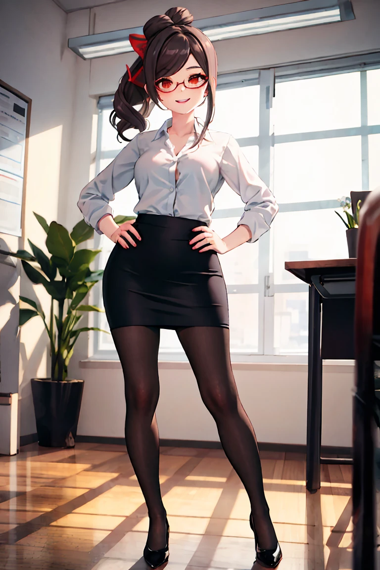 Show entire body, mixed race female, wearing tight button down shirt, short skirt, pantyhose, no shoes, pulling open her shirt, various locations, shy smile, photorealistic, great detail