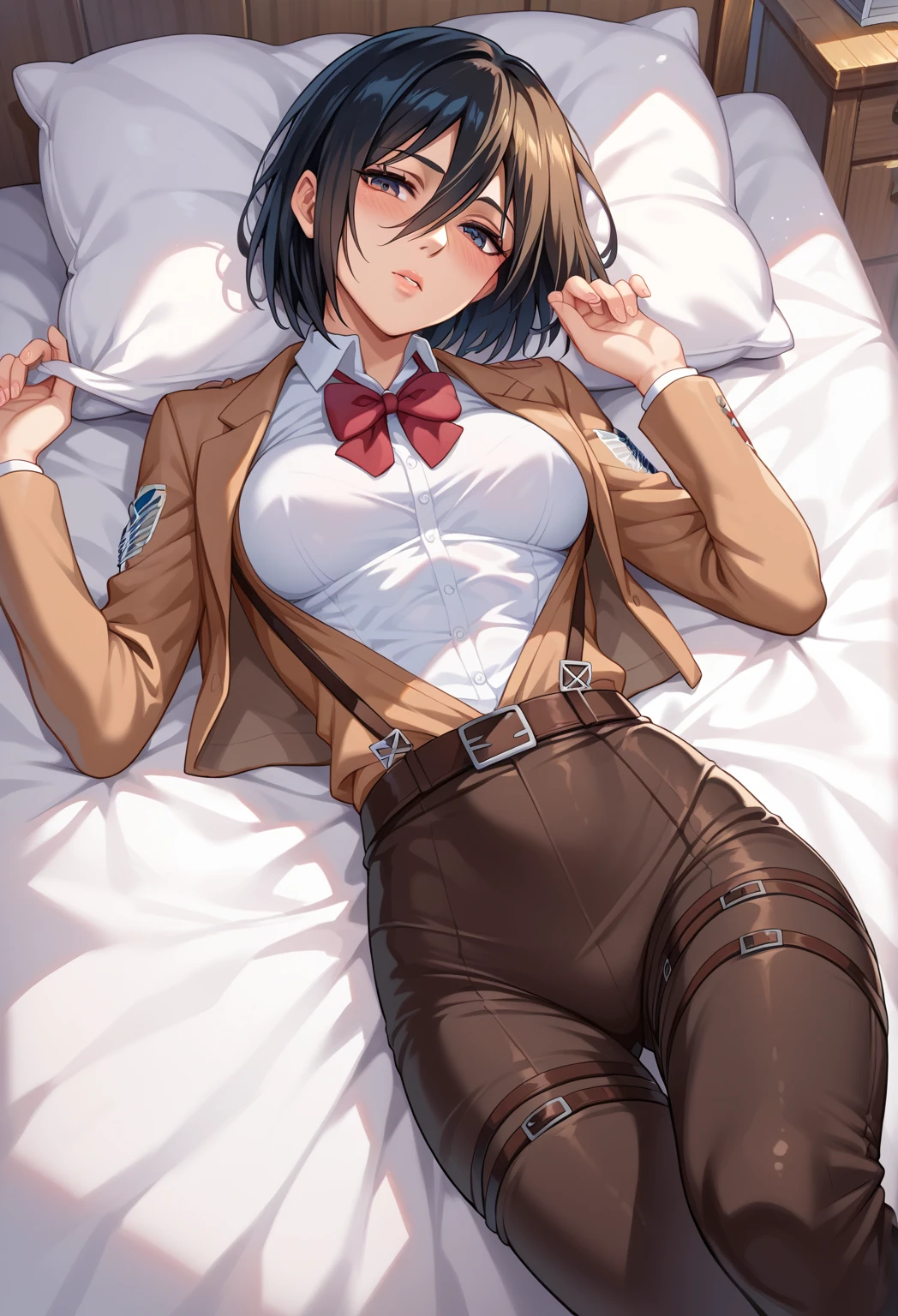 "Capture the intricate details of this masterpiece from a low angle:A girl frowns in disgust and anger,F-cup br,Policewoman dressed in white's uniform,Unbutton to reveal the chest,With a policewoman uniform hat,Detailed rendering,reddened cheeks。Lie on the bed and spread your legs,Her skirt revealed pantyhose,Her panties can be seen under the sheer material,expose waist, The chest is only covered by chest patches,2.5D, detailded, ,Flat color only, illustartion, arte de linha:0.8, best best quality,,Expose the waist,((Realistic lighting effects,best best quality,8k,master masterpiece:1.3)),Clear focus:1.2,1girl,A beauty with a perfect body:,slim abs,
