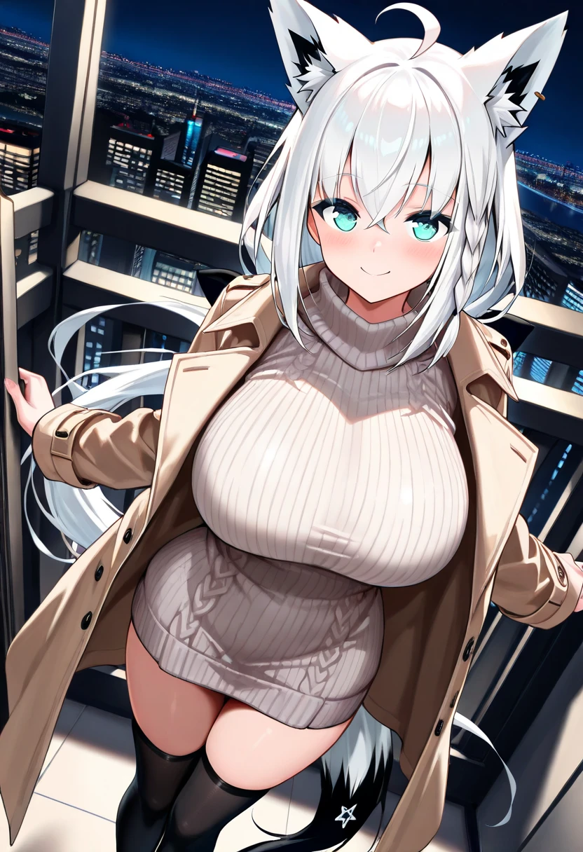 1 cute big breasted girl with brown skin and long white hair with gray eyes wearing a black and white coat and a black sweatshirt walking