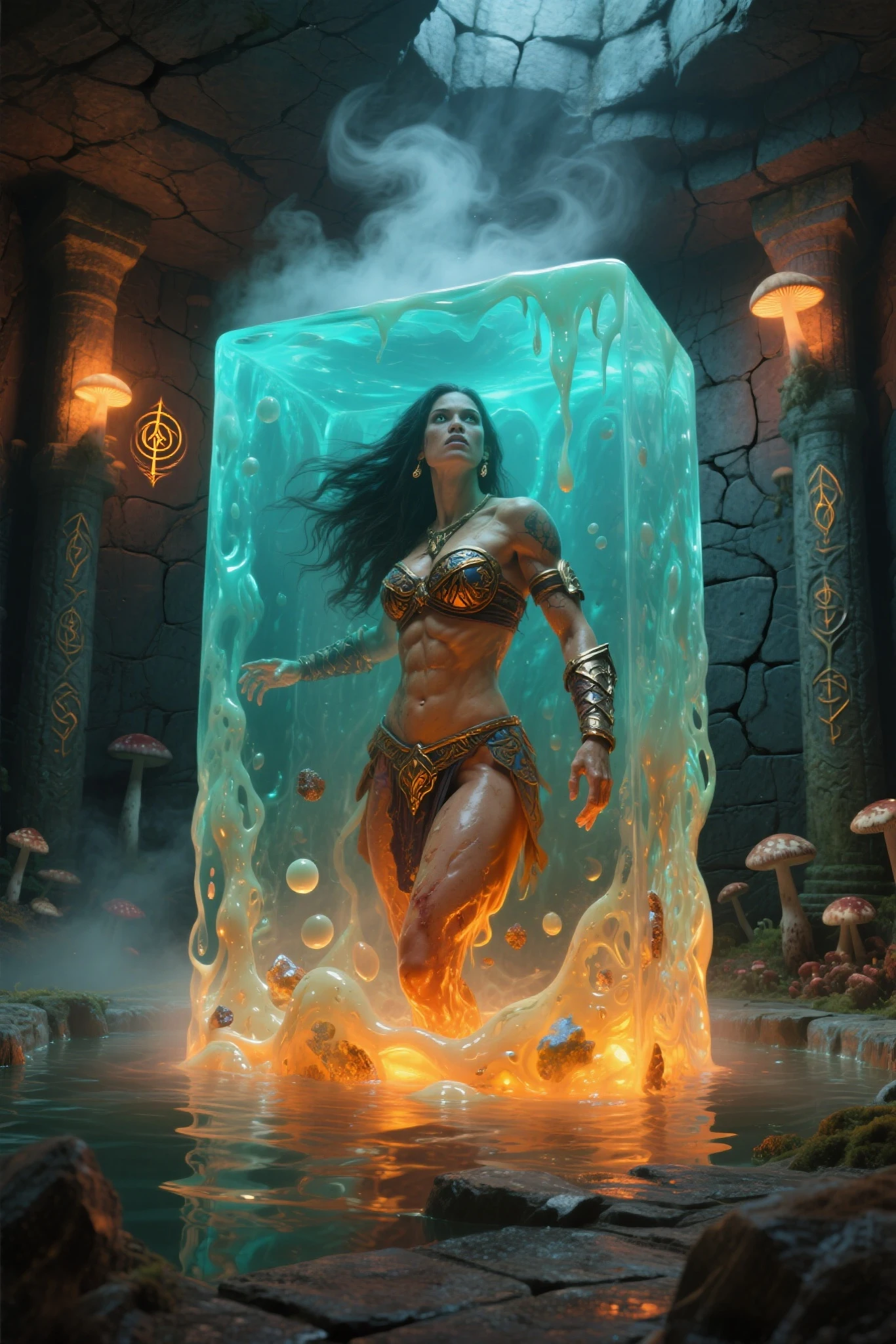rpg theme, a large cell with dark stone walls covered in moss and slime, in the center a metallic structure in the shape of a circle that in the middle of the sides emanates energy that goes to a crystal that is in the center where there is a woman in a standing position as if she were floating, her hair is shaved on the side and she has a piercing on her nose, tribal tattoos on her left arm and right leg, her skin is reddish, She has her eyes closed as if she were sleeping. She is wearing leather armor and her arms are stretched out with her hands on her belly.