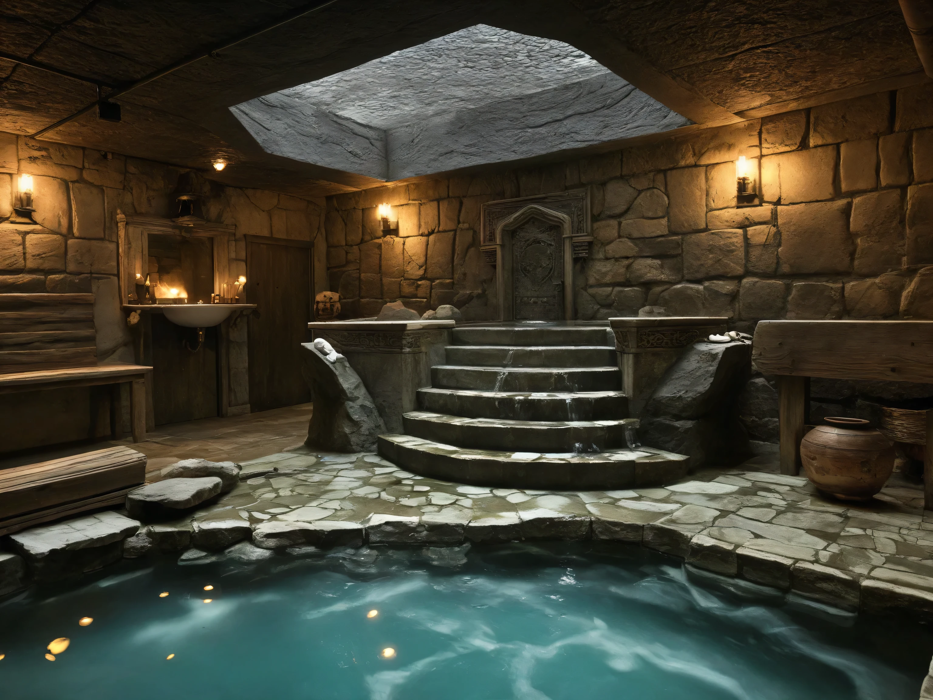 Best Quality, ultra detailed, Photo realistic, dungeon spa, hot spring,