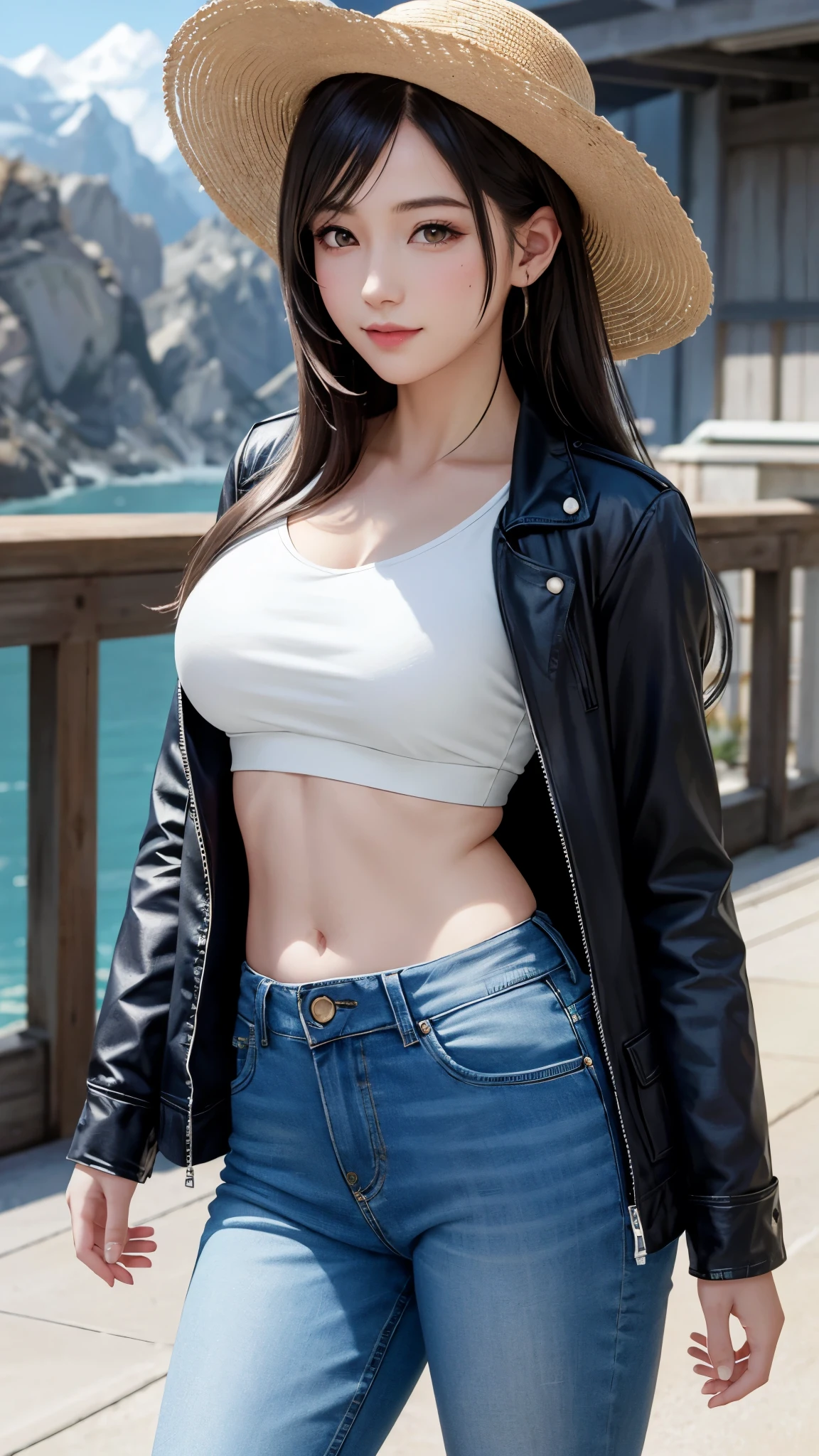 masterpiece, super fine illustration, best quality, light particles, ultra-detailed, 8K wallpaper, (bright colors:1.2), {{{FF7,Tifa_lockhart}}}, medium breasts, (black long hair:1.3), hairclip, shiny skin, oily skin, cowboy hat, denim jacket, cowboy boots, blush cheeks, smile, outdoor, sunlight,
