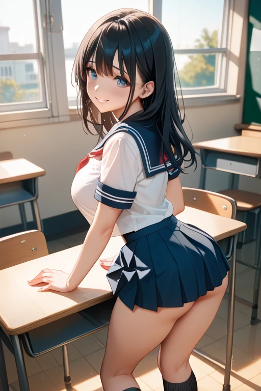 (detailed、masutepiece, top-quality:1.3), (Ultra detailed 8K cg:1.2), (realisitic:1.35), (Realistic:1.4), Cowboy Shot, 1 beautiful Japanese girl, 28 years old, beautiful supermodel, Japanese Idol, (standing:1.1), (School uniform:1.4), (Spread legs:1.2)、(School classroom background:1.1), breasts, cleavage、Beautiful woman full of charm、blue-sky (sfw), (very detailed eyes), small breast, from behind, (((anime))), ((detailed eyes)),