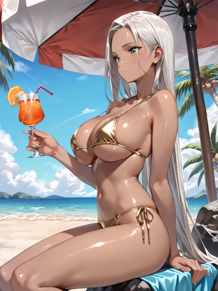  Capture Anime manhwa, beautiful woman, brown skin, white eyebrows, round and full lips, long wavy white hair, golden eyes, long eyelashes, small waist, wide hips, big breasts, big thighs, long and nice nails, on a sunny day on a beach, she is sitting in a comfortable chair under an umbrella with one leg crossed over the other, with a refreshing drink in her hands, she has a revealing and sexy red bikini, she wears sunglasses on her head