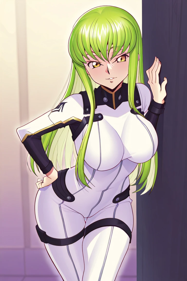 Code Geass anime style, code geass, C.C, 1girl, (((bimbo))), long green hair, yellow eyes, puffy lips, thick lips, wide hips, thick thighs, big breast, huge ass, revealing cleavage, erotic, Smile face, bubble butt, camel toe, Breasts, white suit, sitting on car hood, night time,