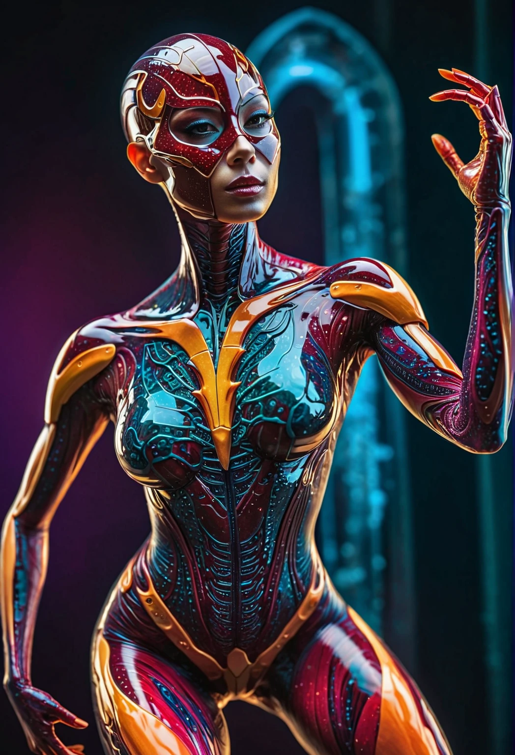 (female Protogen),cyberpunk,mechanical,glowing eyes,metallic surface,digital display,advanced technology,futuristic,neon lights,electromagnetic field,sharp edges,streamlined design,digital organism,biomechanical,mysterious atmosphere,glass visor,enhanced senses,energetic pose,invisible circuits,holographic projections,colorful wires,female cyborg