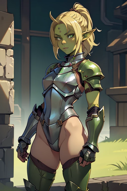 a (((small chested girl))) with ((muscular body)),faint six pack,wide hips,thick thighs,blonde hair,green eyes,medieval background,((light leather armor)),smiling,heavy blush,pigtails, ((longbow)) ((quiver))