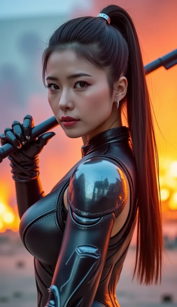 (Highest quality:1.2),(On the rubble of a collapsing city),(Perfect Beautiful Face 1.2, Cool look, Thick eyebrows, Strong-willed eyes, Invincible smile),(Perfect and beautiful posture:1.2),((Android female warrior)), (((muscle)), (Black hair ponytail),Clear Eyes,((Burning heart logo, Red accent on black background:1.2, Cyber Suit, headgear with antenna, Shoulders are exposed)), Side view angle
